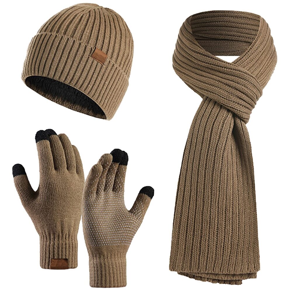 7046 3Pcs Winter Beanie Hat Scarf Gloves Set Ski Cap Touch Screen Mittens